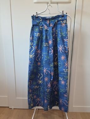 Corey Lynn Calter Blue Tropical-Print Linen Wide Leg Pants Sz S